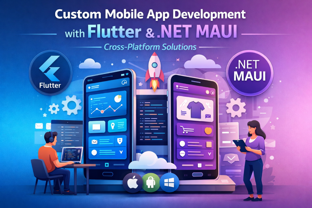 Custom mobile app development with Flutter and .NET MAUI technologies